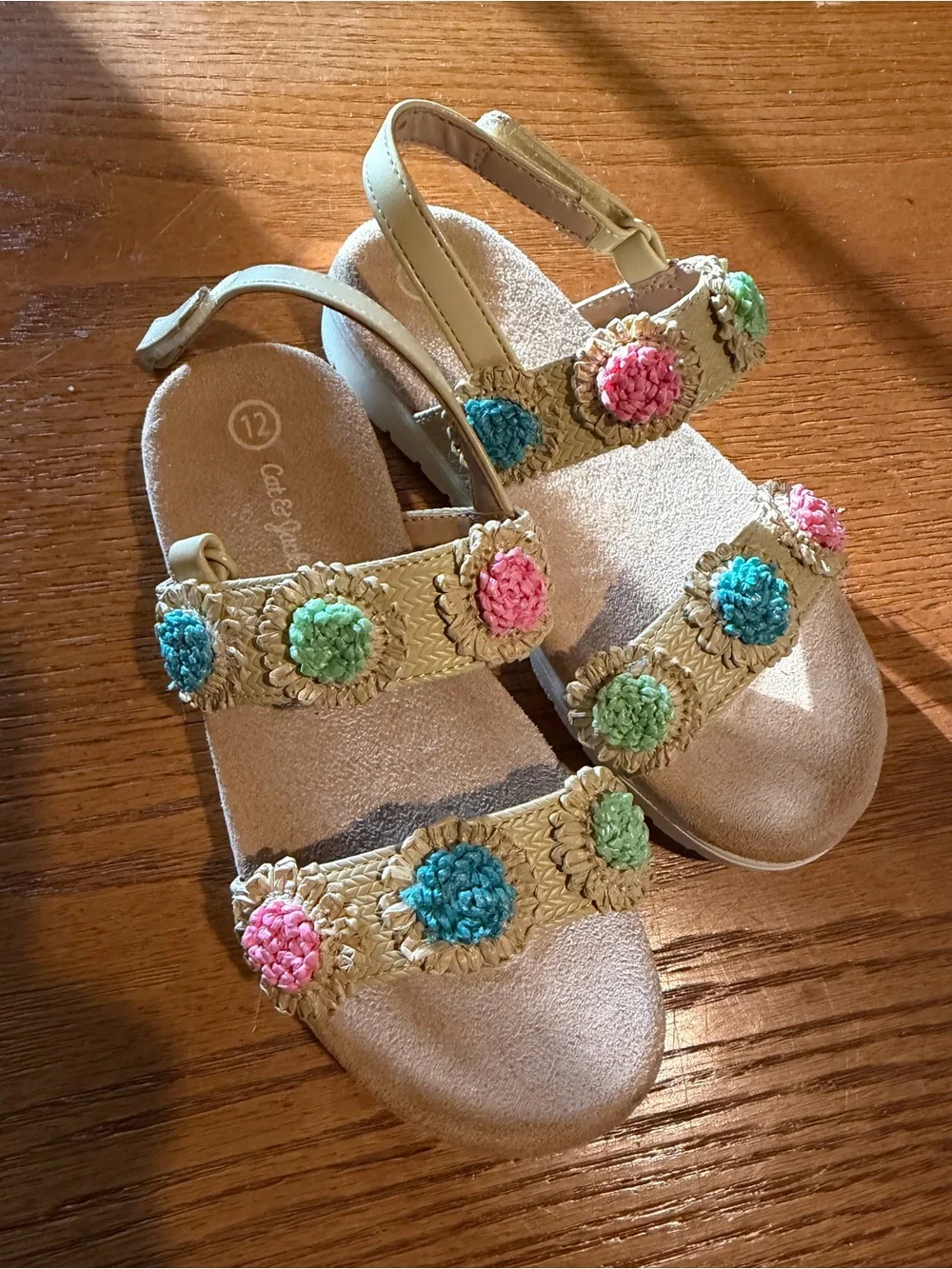 Cat & Jack Beige Sandals with Pink, Blue & Green Crochet Poms
